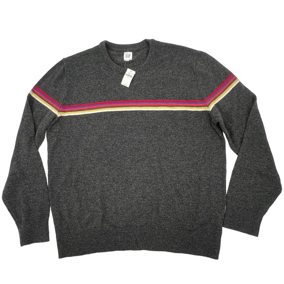 GAP Mens‎ Crew Sweater Gray Rainbow Stripe Longsleeve Merino Wool Blend XL New - Picture 1 of 4